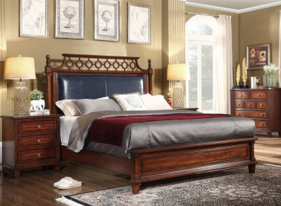 Real wood Bed Leather 3pcs. Set Chest of drawers Bedroom Wilhelminian Style Suite Group